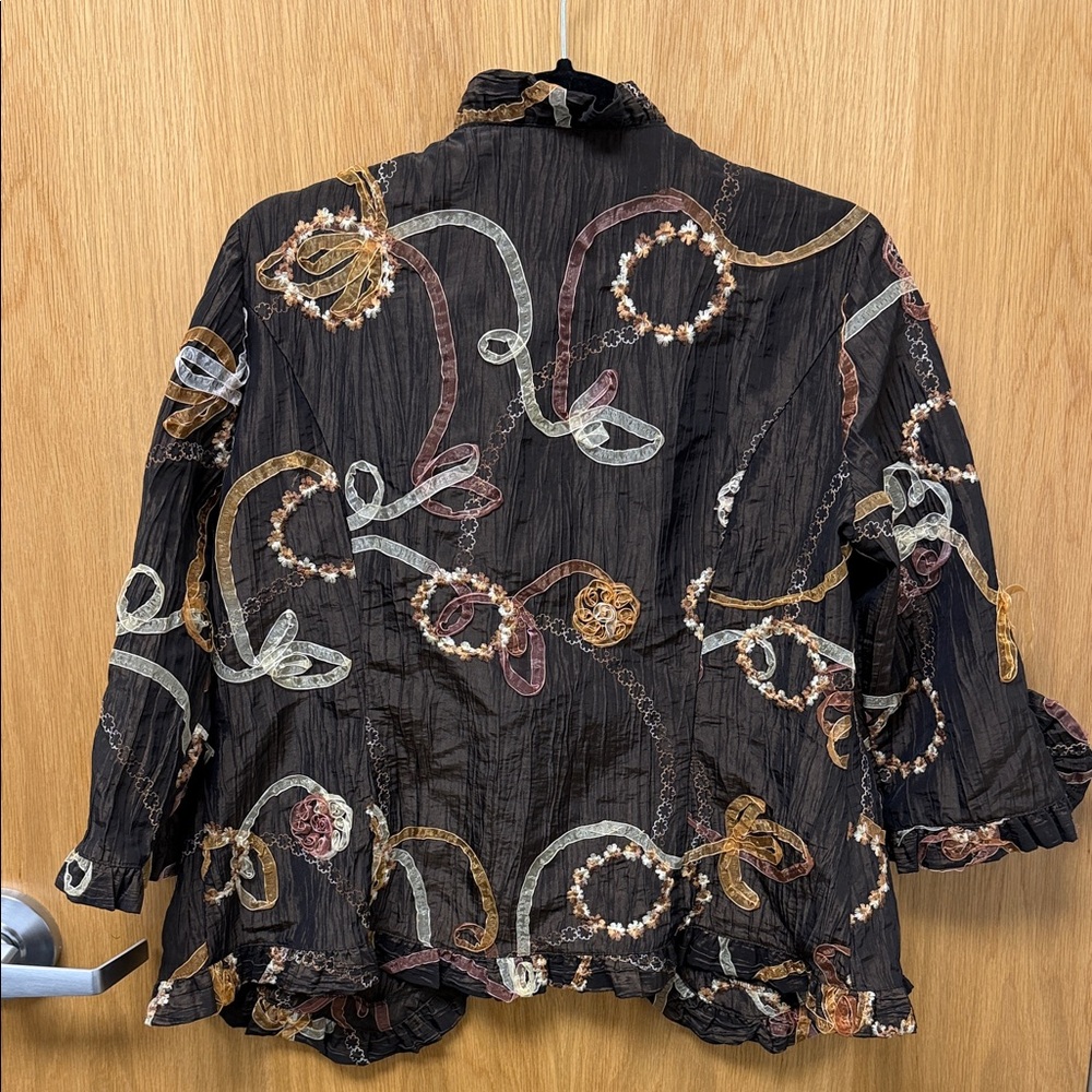 Agora iridescent brown Ruffle-Trim floral Arsty Boho Art to Wear Jacket - Picture 6 of 8